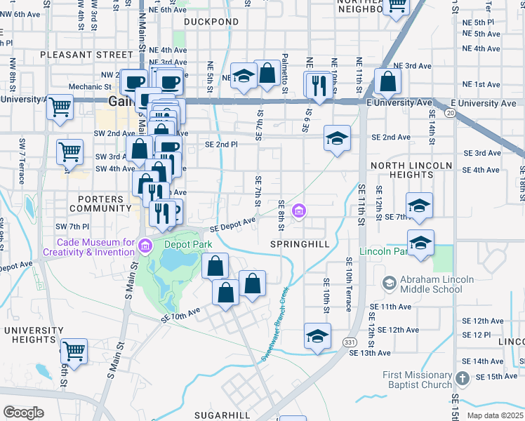 map of restaurants, bars, coffee shops, grocery stores, and more near 605 Southeast 7th Street in Gainesville