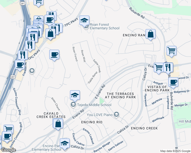 map of restaurants, bars, coffee shops, grocery stores, and more near 3122 Sable Bend in San Antonio