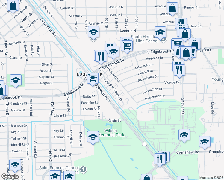 map of restaurants, bars, coffee shops, grocery stores, and more near 3936 Arlington Square Drive in Houston