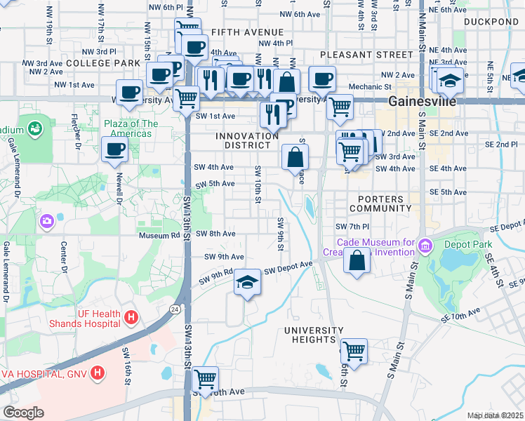 map of restaurants, bars, coffee shops, grocery stores, and more near 621 Southwest 10th Street in Gainesville