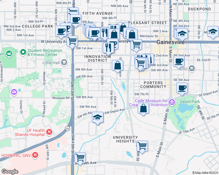 map of restaurants, bars, coffee shops, grocery stores, and more near 629a Southwest 9th Street in Gainesville