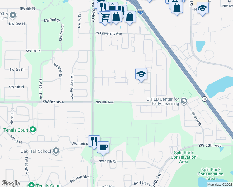 map of restaurants, bars, coffee shops, grocery stores, and more near 7200 Southwest 8th Avenue in Gainesville