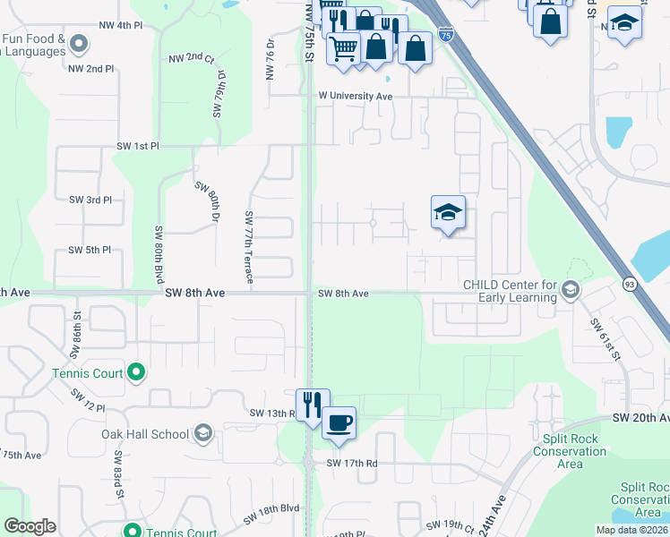 map of restaurants, bars, coffee shops, grocery stores, and more near 715 Southwest 75th Street in Gainesville
