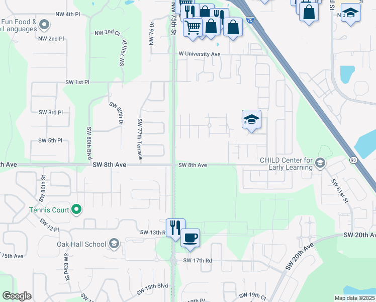 map of restaurants, bars, coffee shops, grocery stores, and more near 715 Southwest 75th Street in Gainesville