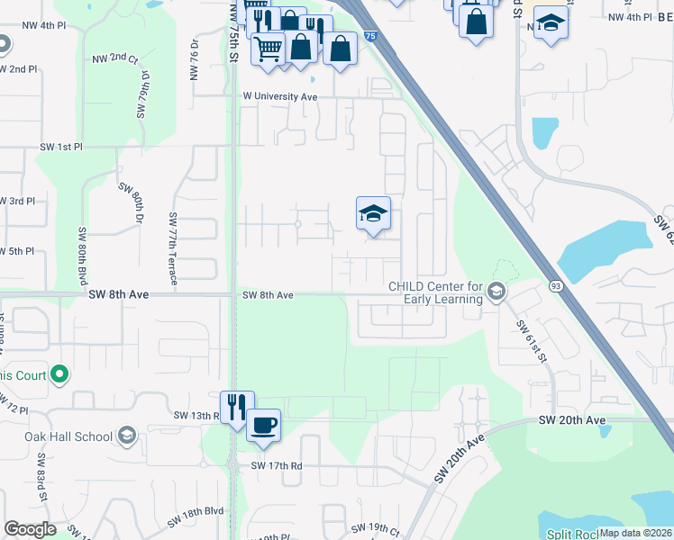 map of restaurants, bars, coffee shops, grocery stores, and more near 631 Southwest 70th Terrace in Gainesville