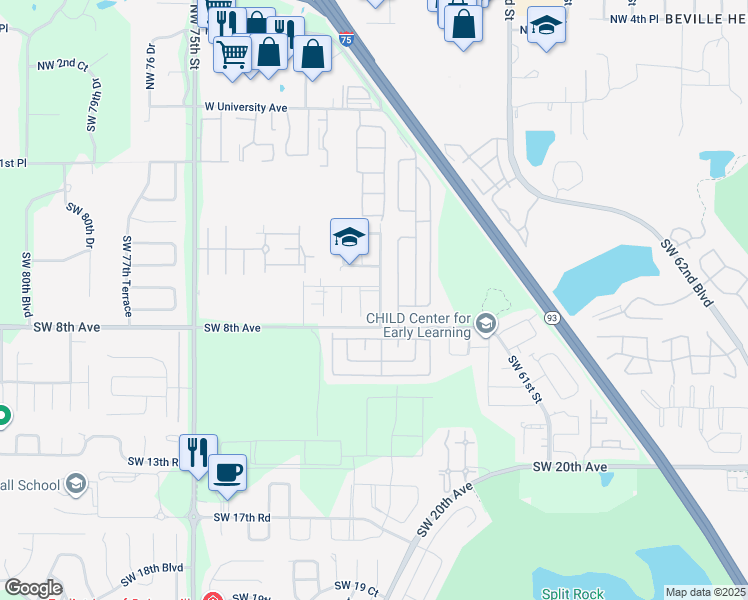 map of restaurants, bars, coffee shops, grocery stores, and more near 630 Southwest 67th Terrace in Gainesville