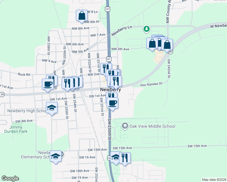 map of restaurants, bars, coffee shops, grocery stores, and more near 45 Southwest 250 Street in Newberry