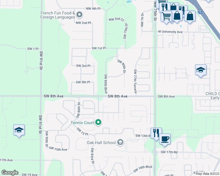 map of restaurants, bars, coffee shops, grocery stores, and more near 621 Southwest 80th Boulevard in Gainesville