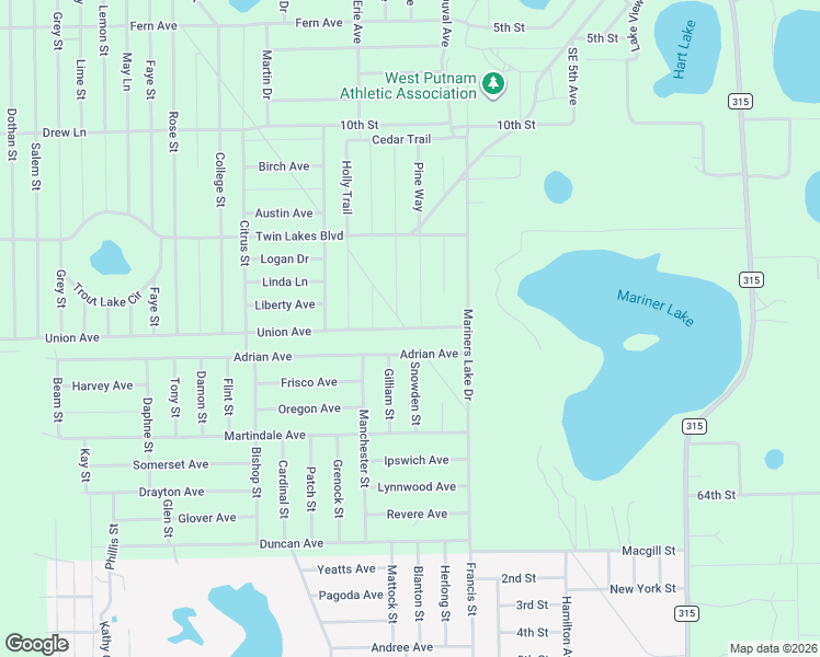 map of restaurants, bars, coffee shops, grocery stores, and more near 119 Union Avenue in Interlachen