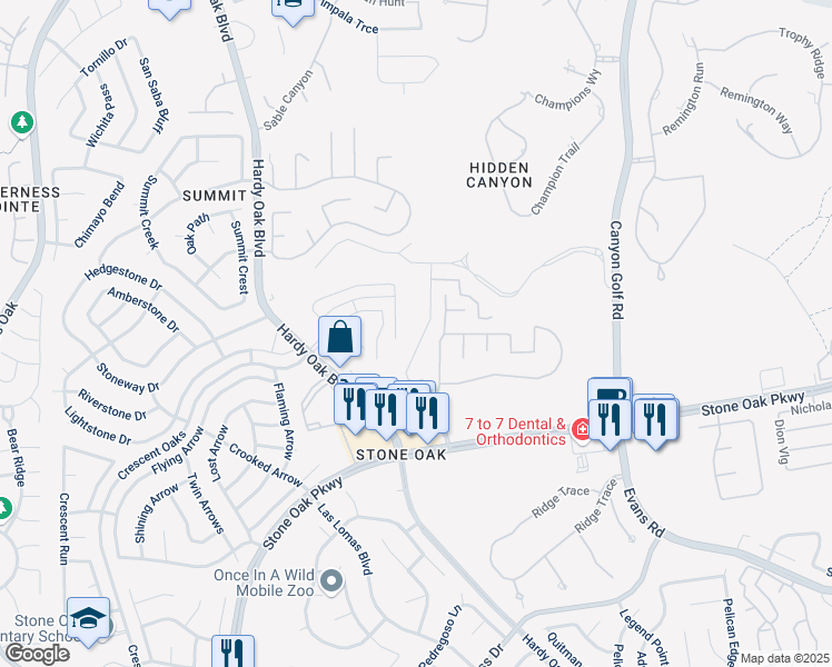 map of restaurants, bars, coffee shops, grocery stores, and more near 21819 Rugged Hills in San Antonio