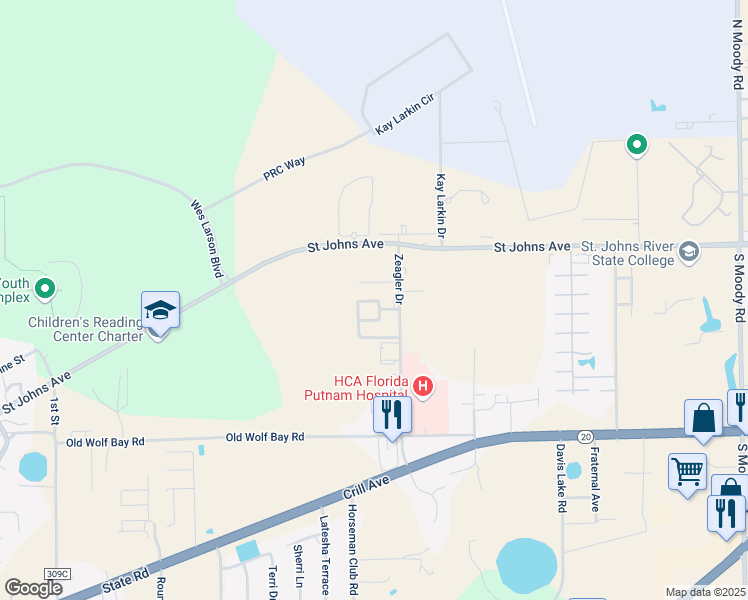 map of restaurants, bars, coffee shops, grocery stores, and more near 206 Zeagler Drive in Palatka