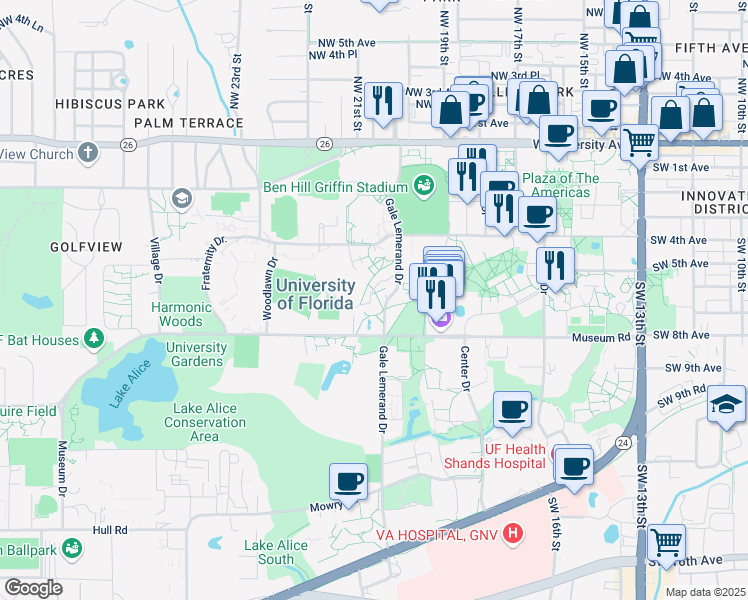 map of restaurants, bars, coffee shops, grocery stores, and more near 1793-1819 Gale Lemerand Drive in Gainesville