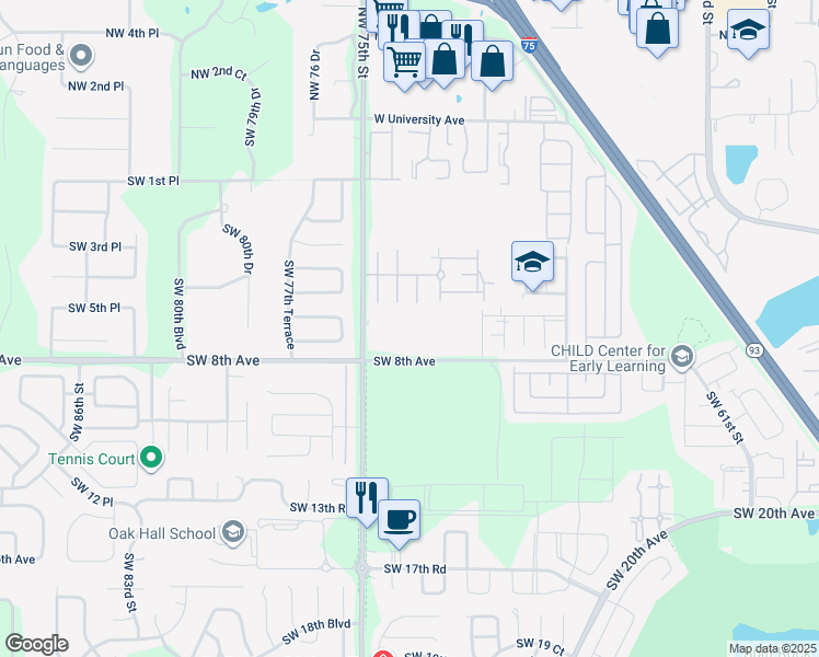 map of restaurants, bars, coffee shops, grocery stores, and more near 715 Southwest 75th Street in Gainesville