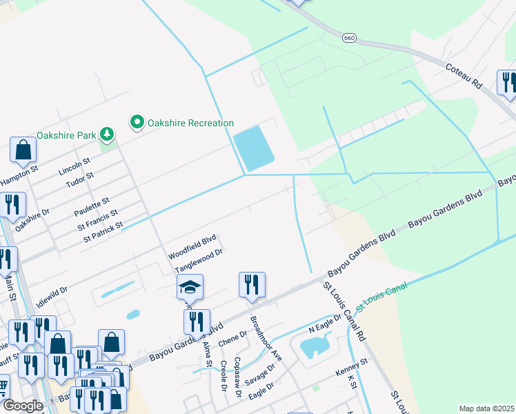 map of restaurants, bars, coffee shops, grocery stores, and more near 506 Idlewild Drive in Houma