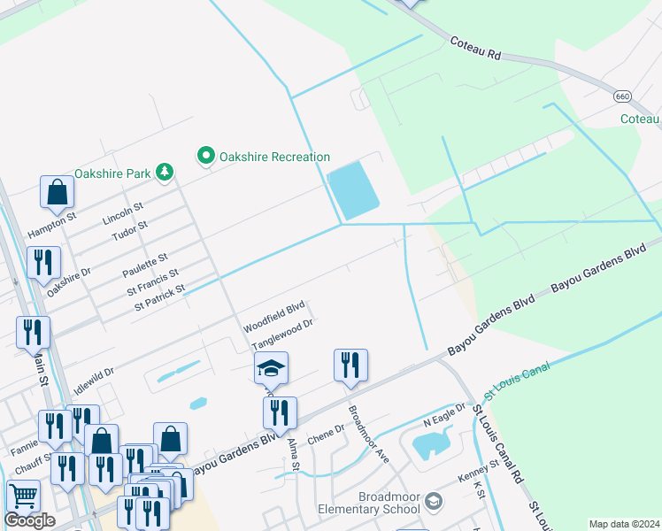 map of restaurants, bars, coffee shops, grocery stores, and more near 442 Idlewild Drive in Houma
