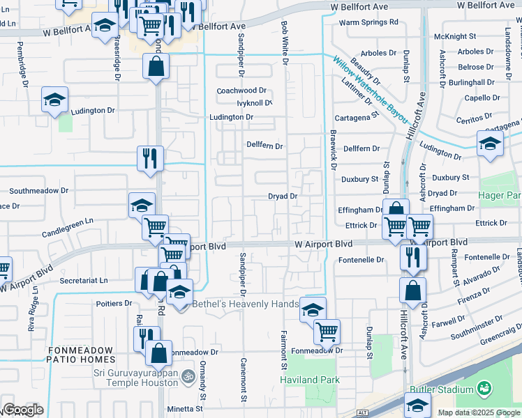 map of restaurants, bars, coffee shops, grocery stores, and more near 12207 Lemon Ridge Lane in Houston