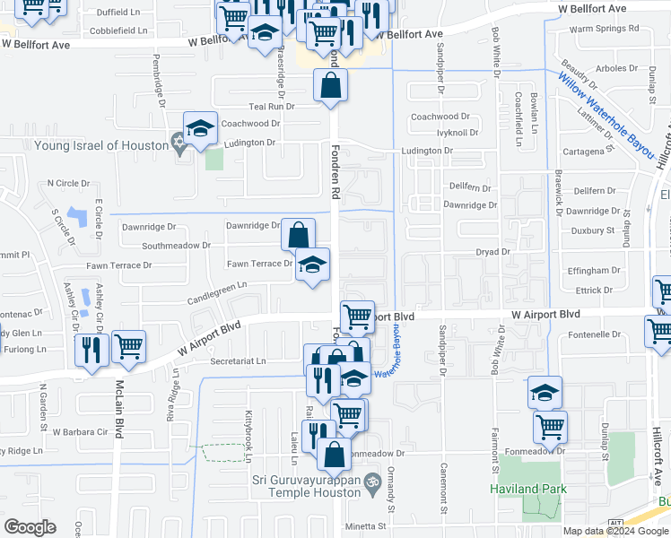 map of restaurants, bars, coffee shops, grocery stores, and more near 12265 Fondren Road in Houston