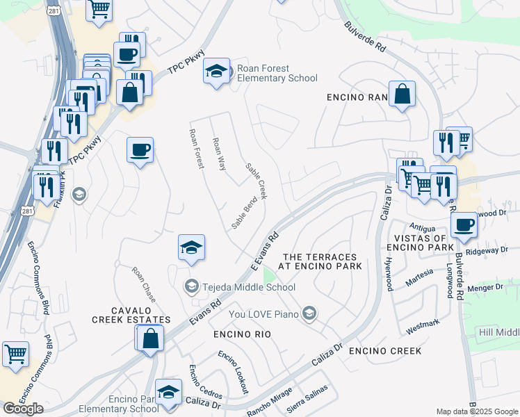 map of restaurants, bars, coffee shops, grocery stores, and more near 3122 Sable Bend in San Antonio