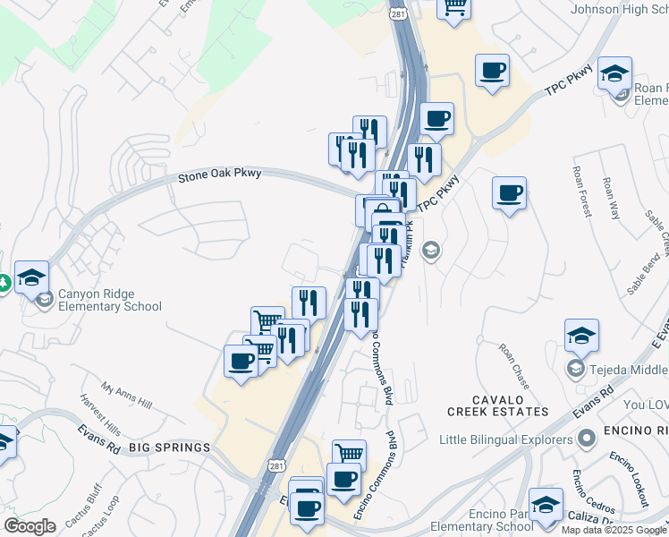 map of restaurants, bars, coffee shops, grocery stores, and more near U.S. Highway 281 South in San Antonio