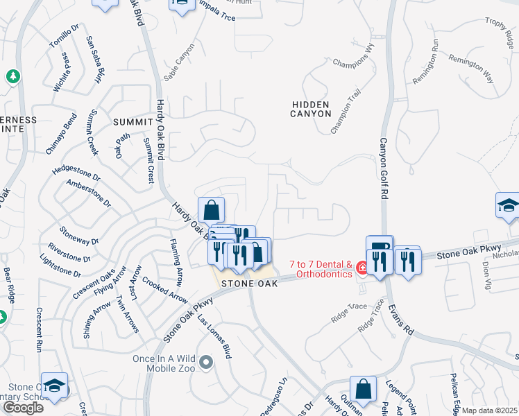 map of restaurants, bars, coffee shops, grocery stores, and more near 21819 Rugged Hills in San Antonio