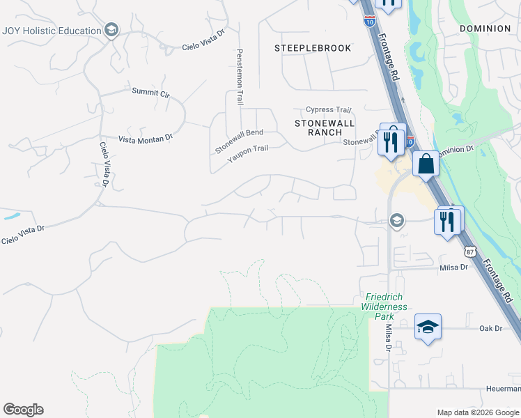 map of restaurants, bars, coffee shops, grocery stores, and more near 7519 Stonewall Hill in San Antonio