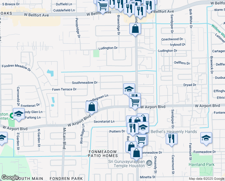 map of restaurants, bars, coffee shops, grocery stores, and more near 7706 Candle Green Lane in Houston