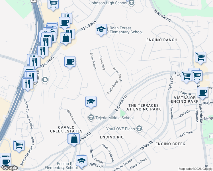 map of restaurants, bars, coffee shops, grocery stores, and more near 3106 Roan Court in San Antonio