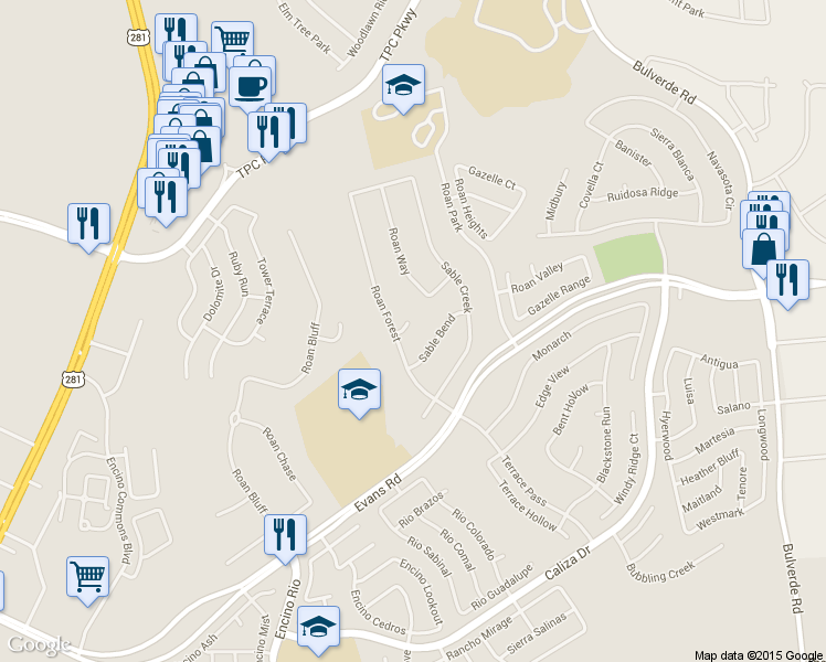 map of restaurants, bars, coffee shops, grocery stores, and more near 3106 Roan Court in San Antonio