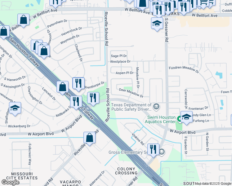 map of restaurants, bars, coffee shops, grocery stores, and more near 8950 Fondren Village Drive in Houston
