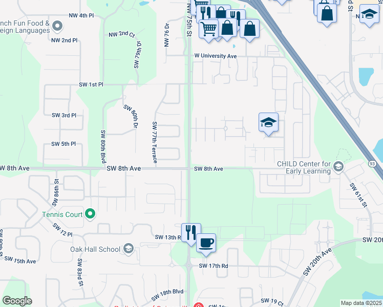 map of restaurants, bars, coffee shops, grocery stores, and more near 701 Southwest 75th Street in Gainesville