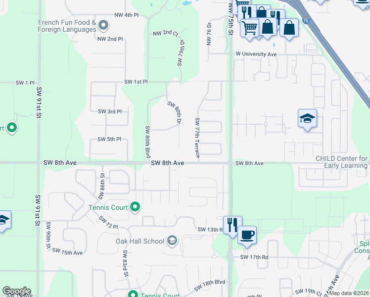 map of restaurants, bars, coffee shops, grocery stores, and more near 701 Southwest 80th Drive in Gainesville