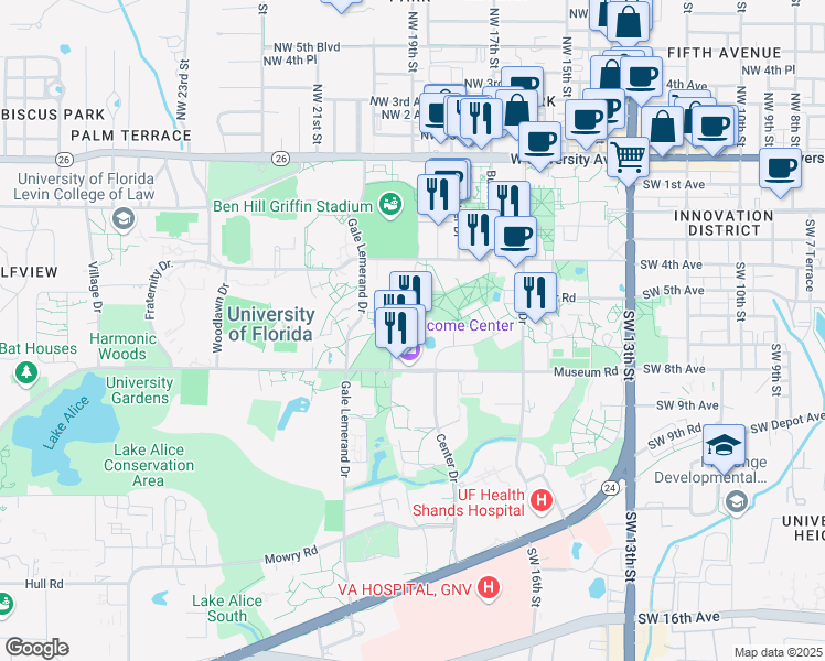 map of restaurants, bars, coffee shops, grocery stores, and more near 686 Museum Road in Gainesville