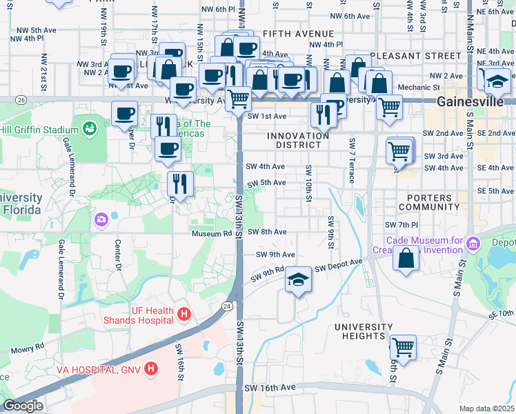 map of restaurants, bars, coffee shops, grocery stores, and more near 605 Southwest 13th Street in Gainesville