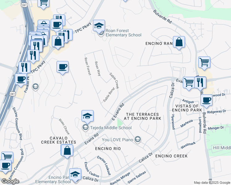 map of restaurants, bars, coffee shops, grocery stores, and more near 3122 Sable Bend in San Antonio