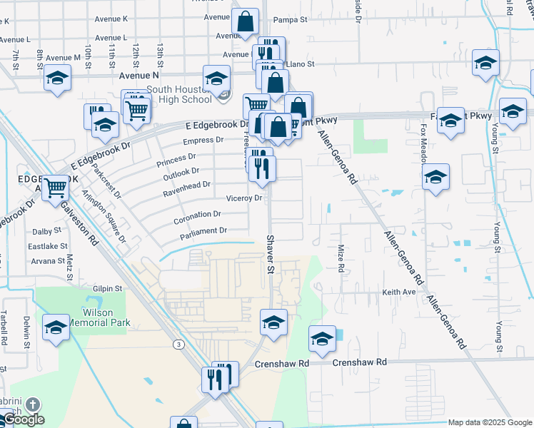 map of restaurants, bars, coffee shops, grocery stores, and more near 4300 Shaver Street in Houston