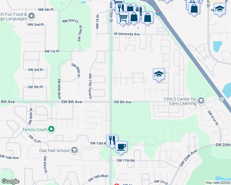 map of restaurants, bars, coffee shops, grocery stores, and more near 703 Southwest 75th Street in Gainesville