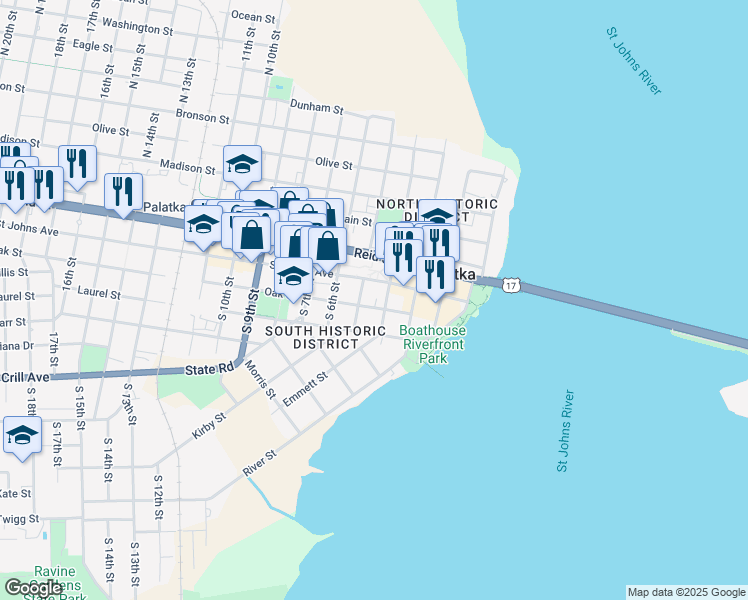 map of restaurants, bars, coffee shops, grocery stores, and more near 114 South 4th Street in Palatka