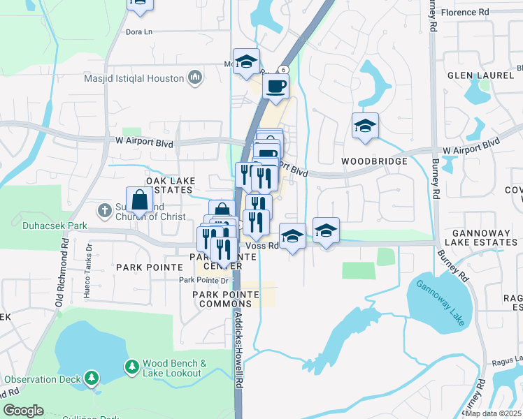 map of restaurants, bars, coffee shops, grocery stores, and more near 11677 South Texas 6 in Sugar Land