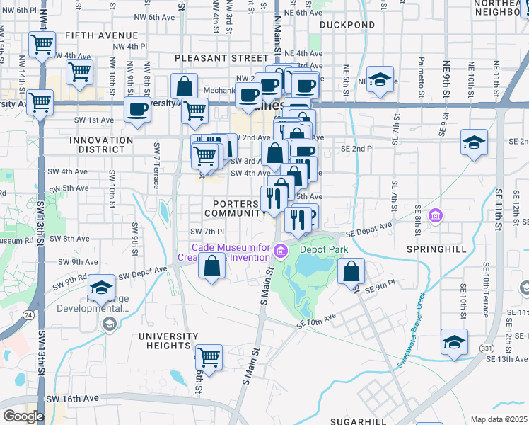 map of restaurants, bars, coffee shops, grocery stores, and more near 21 Southwest 6th Avenue in Gainesville