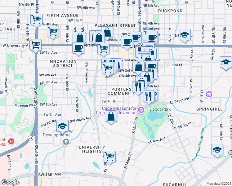map of restaurants, bars, coffee shops, grocery stores, and more near 610 Southwest 3rd Street in Gainesville