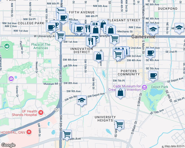 map of restaurants, bars, coffee shops, grocery stores, and more near 629a Southwest 9th Street in Gainesville