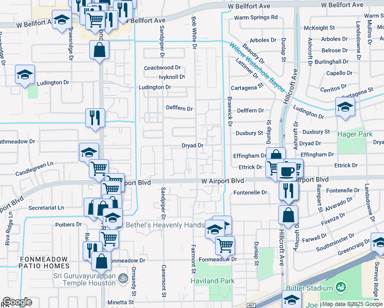 map of restaurants, bars, coffee shops, grocery stores, and more near 12128 Bob White Drive in Houston