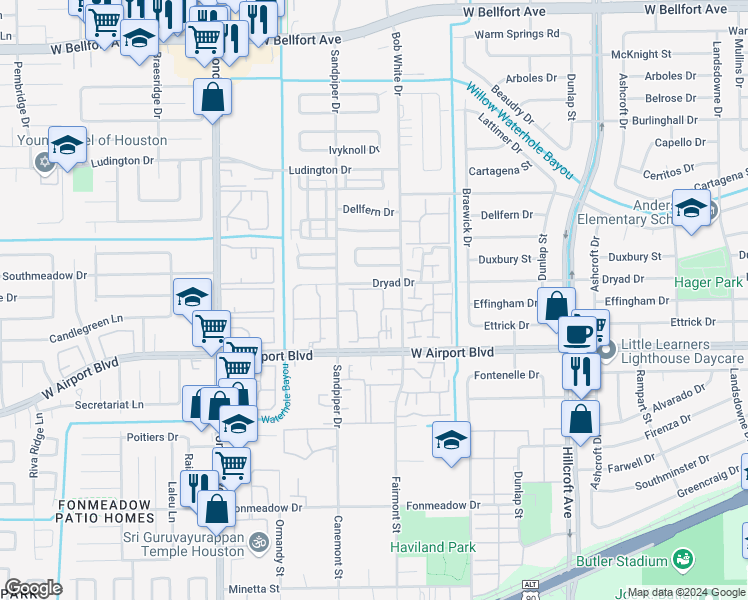 map of restaurants, bars, coffee shops, grocery stores, and more near 12207 Lemon Ridge Lane in Houston