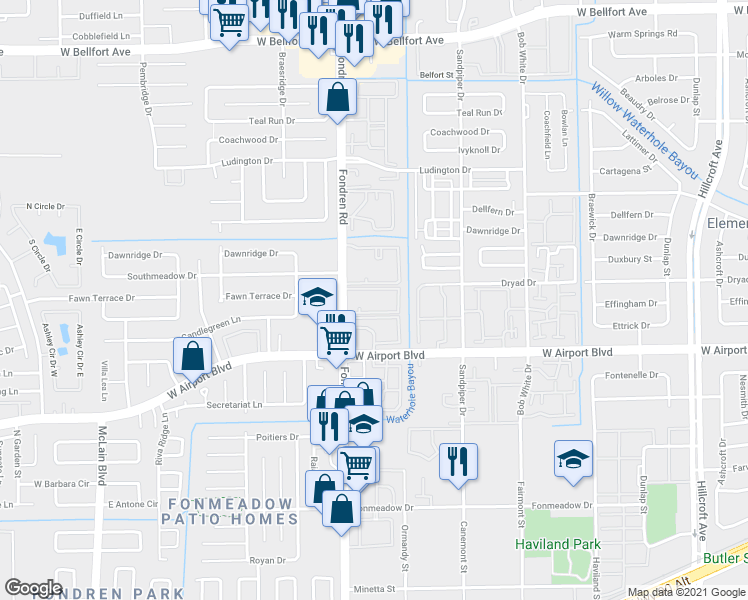 map of restaurants, bars, coffee shops, grocery stores, and more near 12265 Fondren Road in Houston