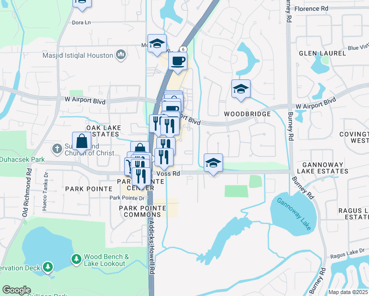 map of restaurants, bars, coffee shops, grocery stores, and more near 15015 West Airport Boulevard in Sugar Land