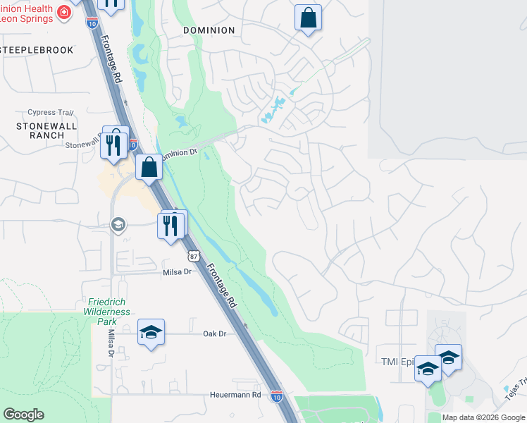 map of restaurants, bars, coffee shops, grocery stores, and more near 22118 Touring Lane in San Antonio
