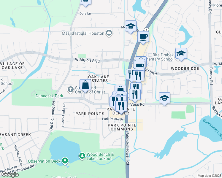 map of restaurants, bars, coffee shops, grocery stores, and more near 15203 Oak View Trail in Sugar Land