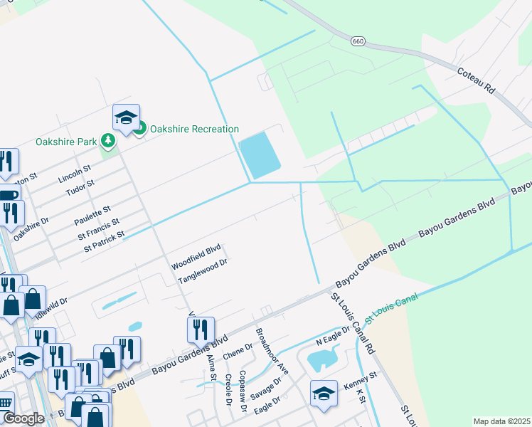 map of restaurants, bars, coffee shops, grocery stores, and more near 506 Idlewild Drive in Houma