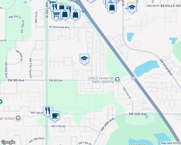 map of restaurants, bars, coffee shops, grocery stores, and more near 630 Southwest 67th Terrace in Gainesville