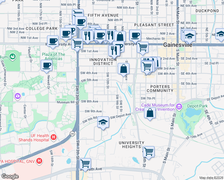 map of restaurants, bars, coffee shops, grocery stores, and more near 620 Southwest 10th Street in Gainesville